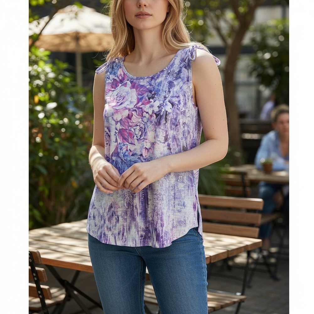 Concepts Purple Floral Paisley Sleeveless Tank Top Rhinestone Tie Shoulder XL